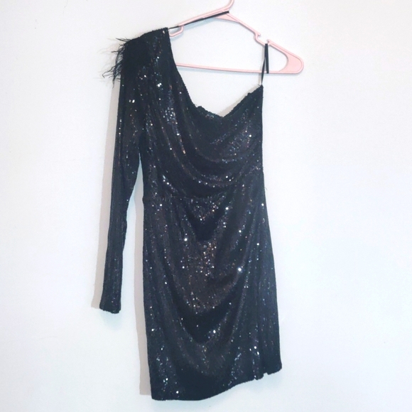Windsor Sequin Asymmetrical Mini Dress-Black - Picture 2 of 5